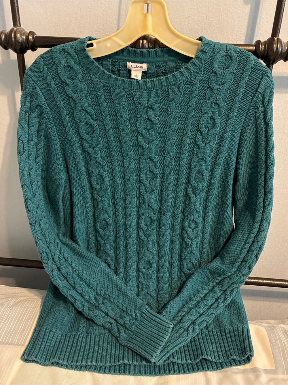🟡 Women's L.L.Bean Double L 100% Cotton Cable Crewneck Sweater EUC Green Size S - Picture 4 of 9